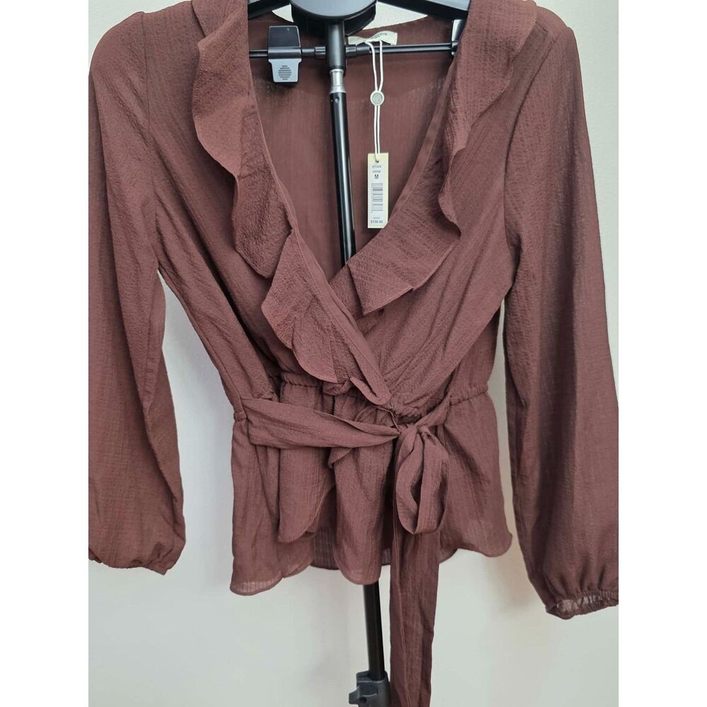 Ruffle Long Sleeve Faux Wrap Top - COCOA (M)